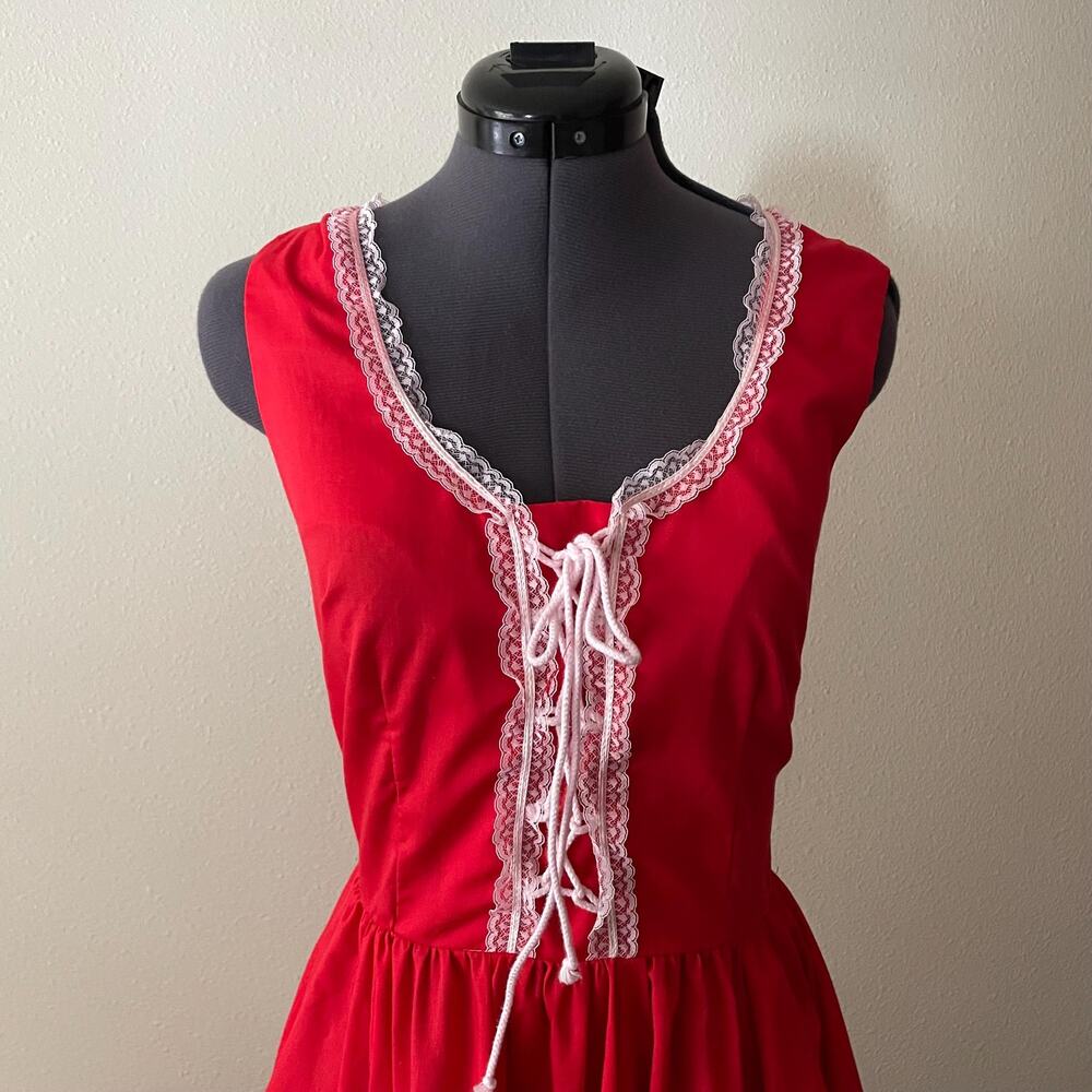 70's vtg red prairie cottage core dress lace up milkmaid square dancing Jeri Bee - Picture 2 of 11